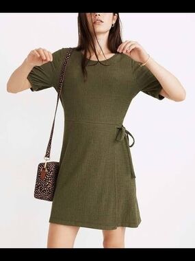 Madewell Olive Green Crosshatch Faux-Wrap Mini Dress featuring puff sleeves and